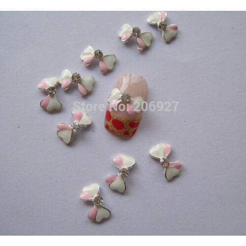 MD-196 10pcs Fancy Crystal Rhinestone Silver White and Pink Bow Deco Metal Charms Metal Deco Charms Nail Art