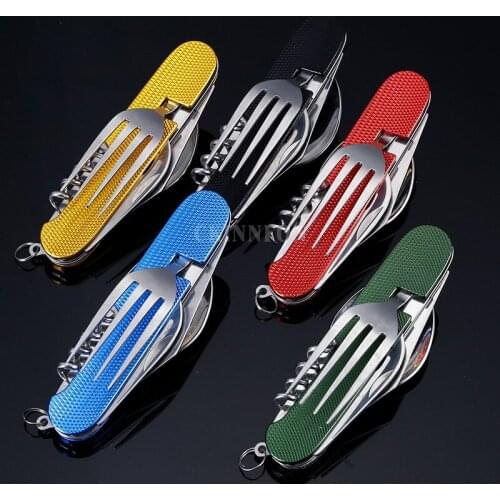 200Pcs/Lot 6 In 1 Folding Stainless Steel Spoon Fork Knife Camping Picnic Tableware Portable Outdoor Tableware 3 Colors
