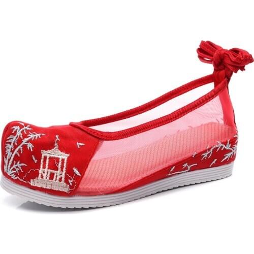 2020 Summer Women Mesh Shoes Ancient Wedding Flats Red Floral Embroidered Shoes Woman Mesh Sandals National Flats