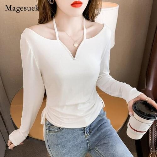 2021 Autumn New Solid T-shirt Elegant V-neck Off Shoulder Halter Bandage Long Sleeve Shirt Sexy Backless Blouse Blsua 16690