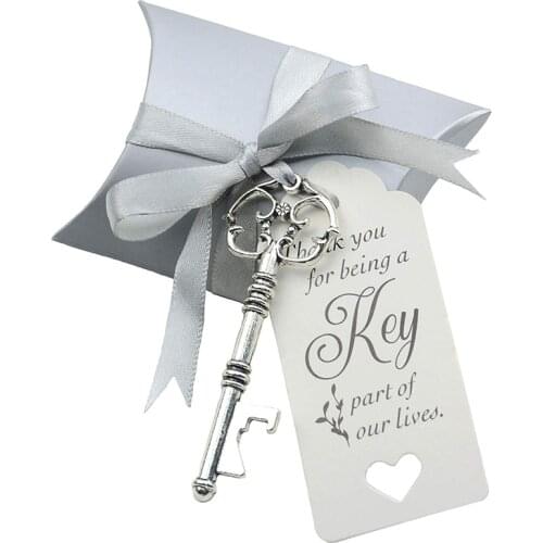 50Pcs Wedding Candy Souvenir Gift Set Pillow Candy Box Vintage Skeleton Key Opener French Ribbon CNIM Hot
