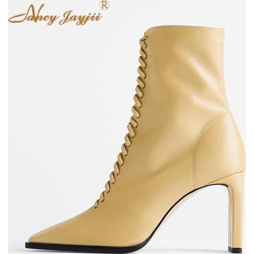 2019 Yellow winter best selling ankle boots ladies lace short plush shoes thick high heel fashion casual large size 4-16