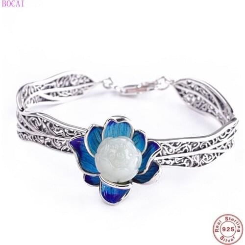 BOCAI S925 New Pure Silver Bracelet 2020 New Fashion Cloisonne Burnt Blue Ethnic Style Lady Hetian Jade Thai Silver Bracelet