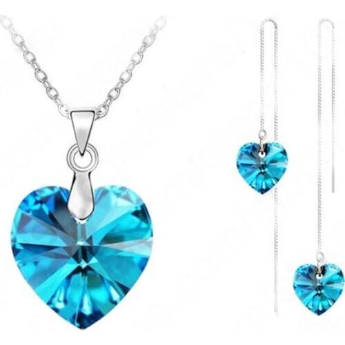 Elegant Women Gift 925 Sterling Silver Cubic Zircon Heart Pendants Necklace&Ear Thread Earring Women Wedding Jewelry Sets