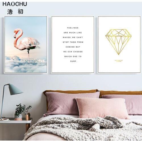 HAOCHU Modern Minimalism Gold Diamond Graph Lake Reflection of Flamingo Canvas Painting Art Wall Poster Nordic Home Decor