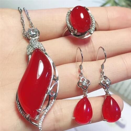Jadery 925 Sterling Silver Necklace/Earrings/Ring Natural Red Jade Jewelry Sets For Women Party Jewelry Gifts bijoux femme 2019