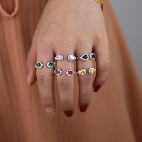 Finger Band Jewelry silver color colorful birthstone Rings with 3A Cubic Zirconia Crystal Tear Drop Stone Rings for Women