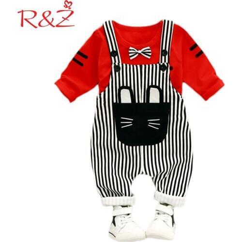 R&Z Baby Clothing Set 2018 Spring New Childrens Suit Korean Cartoon Long Sleeved T-shirt + Stripe Strap Pants 2pcs Kids Clothes