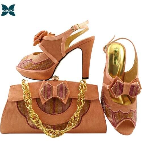 New Italian design Peach Color Combining Ladies Shoes and Set Bag with Matching Bags High Quality African Super High Heel