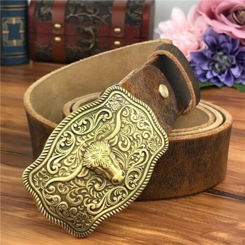 Brass Cowboy Belt Buckle Luxury Men Leather Belt Ceinture Homme Yellow Belts For Men Wide Male Strap Jeans Waist MBT0537