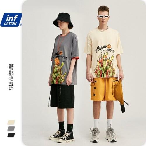 Fashion Cartoon Plant Cactus Printing Drop Shoulder Sleeve T-Shirt Street Trend Hip-Hop Cotton Unisex T Shirt NO56