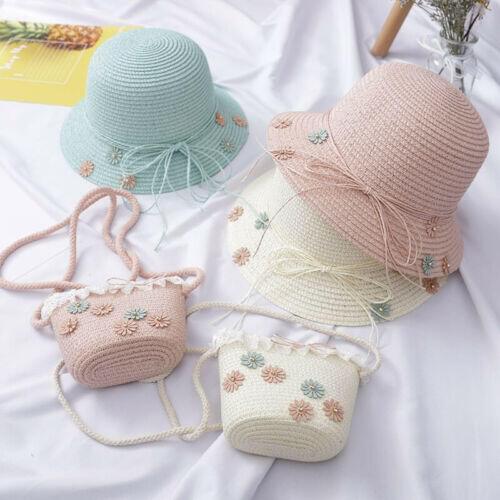 Baby Kid Beach Bucket Breathable Cap Straw Sun Hat+Shoulder Handbag Straw Bag Baby Girl Beach Wear Caps Hat Girl Flower Handbags