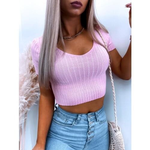 Sexy Knitted Tight-fitting T-shirt Womens 2021 Summer New Short Slim Short-sleeved Women Fashion Tops