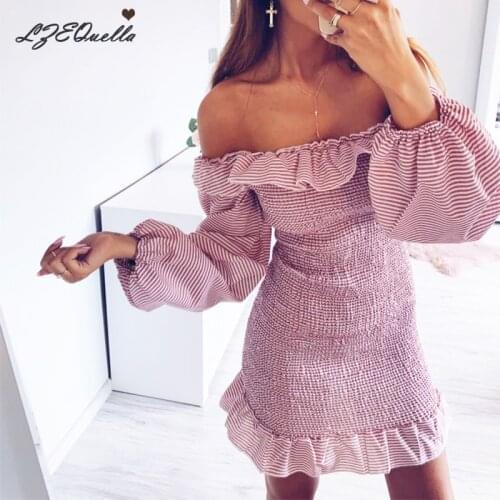 LZEQuella Girl Pink Stripe Sexy Vestido Off Shoulder Women Dress Puff Sleeve 2021 Summer Ruffles Party Slash Neck Belt Dresses