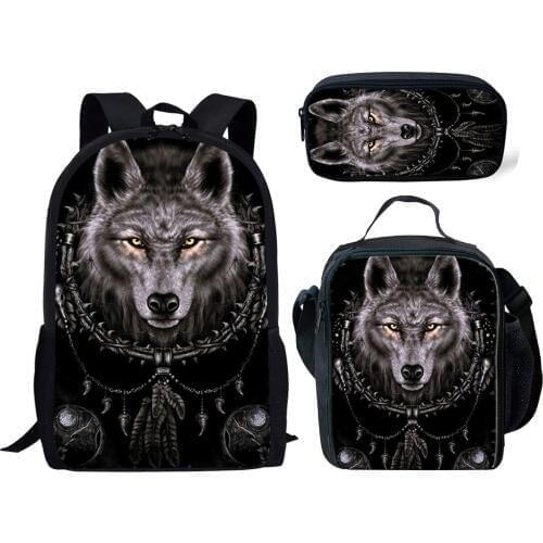NOISYDESIGNS 3D Animal Wolf Printing School Bags Kids 3pcs/set Schoolbag Backpack Student Primary Book Bags Boys Cool Satchel