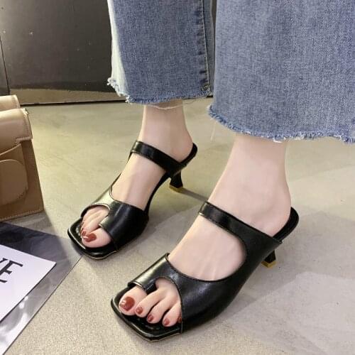 Female Shoes Slippers Soft Med Slides Rubber Flip Flops Thin Heels Square Toe Heeled Mules Fashion 2021 Comfort Hawaiian Summer