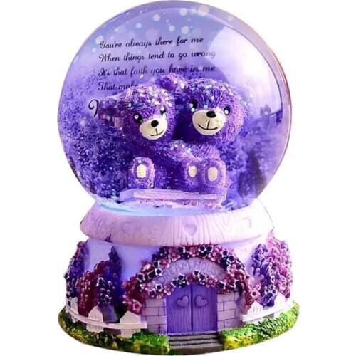 Snow Globe Music Box Lavender Purple Bear Crystal Ball Music Box Luminous Snowflakes Crystal Ball Birthday Valentines Day Gift