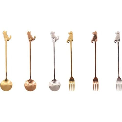 Gold Silver Coffee Spoon Dessert Fork Table Utensil Stainless Steel Dinnerware With Cat Shaped Design Kitchen Tableware Supplies