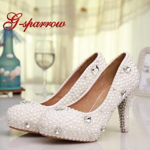 White Pearl Wedding Shoes with Crystal All Match Wedding Party Simple Pumps Women Prom High Heel Platform Thin Heel Shoes