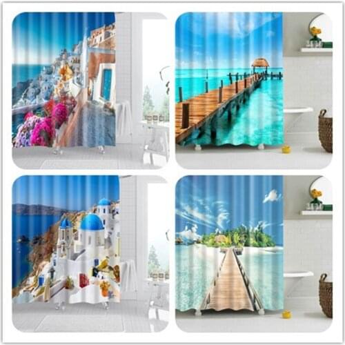 3D Beach Printed Fabric Shower Curtain set Waterproof Sea Scenery Bath Screen Bathroom Curtain with 12 Hooks Decoration