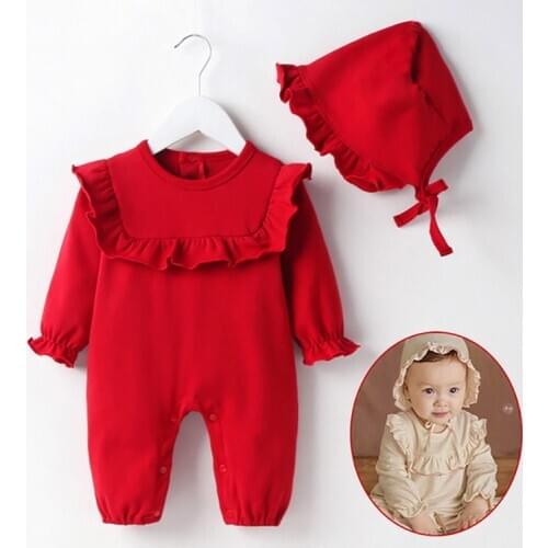 Girls' spring and autumn outing Clothes newborn Baby Kids long sleeve Jumpsuit cotton + Hat