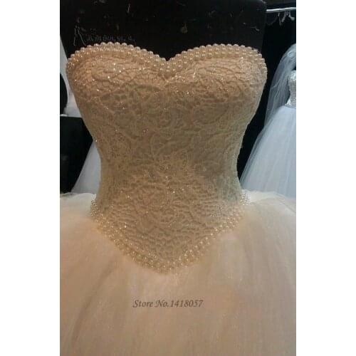 Gorgeous Luxury Wedding Dresses 2016 Vestidos de Noivas Lace Bridal Dress Ball Gown Tulle Corset Back Pearls Custom Made