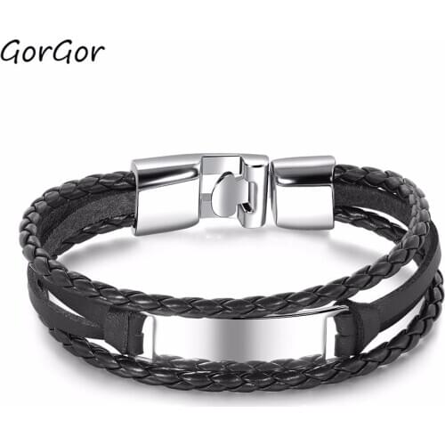 GorGor Fashionable Simple New Style All-match Multi-layer Woven Leather Glossy Lettering Mens Bracelet 1301