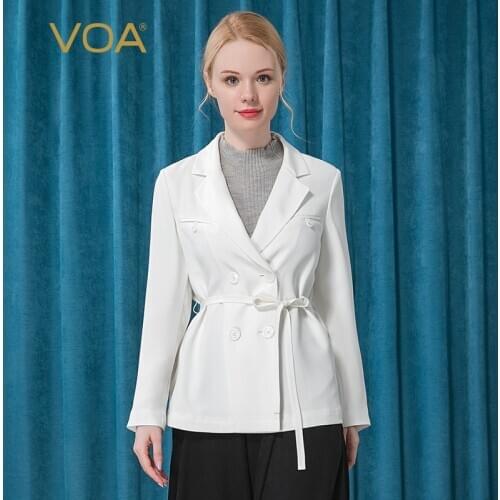 VOA 30m/m Heavy Silk Milk White Lapel Long Sleeve Fake Pocket Double-row Twisted Business Suit Jackets for Women WE61