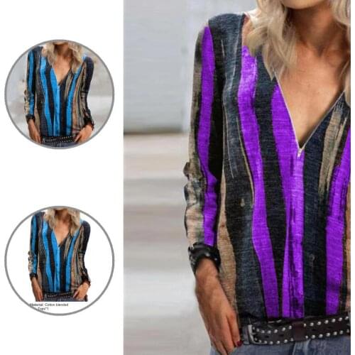 Top Chic Striped Print Long Sleeve T-Shirt Streetwear Lady Blouse Striped Print for Working