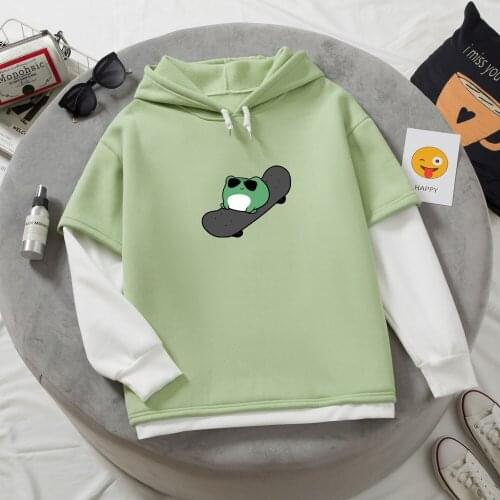 Frog Skateboard Cute Pullover Hoodie for Women Color Block Sweatshirt Couples Long Sleeve Oversize Fashion Sportswear Streetwear
