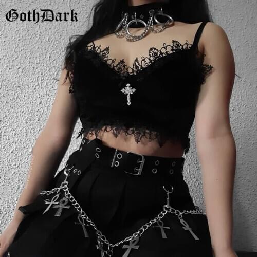 Goth Dark Mall Gothic Harajuku Velvet Camis Black Lace Trim Emo Alternative Aesthetic Crop Tops Women Backless Sexy Strap Tanks
