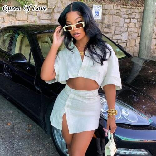 2 Piece Set Women White Short Blouse And Button Skirt Outfits 2021 Summer Fashion Elegant Streetwear Mini Skirts Matching Sets