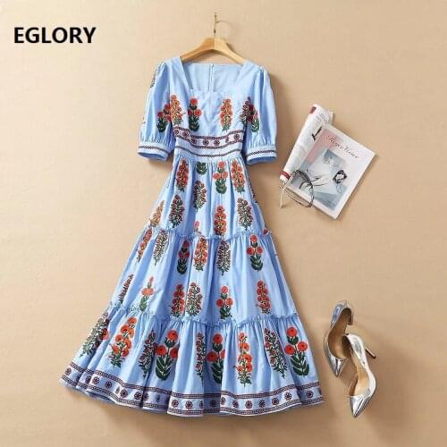 Top Quality Womens Dress 2021 Spring Summer Clothes Ladies Sexy Square Collar Luxurious Embroidery Short Sleeve Blue Dress XL