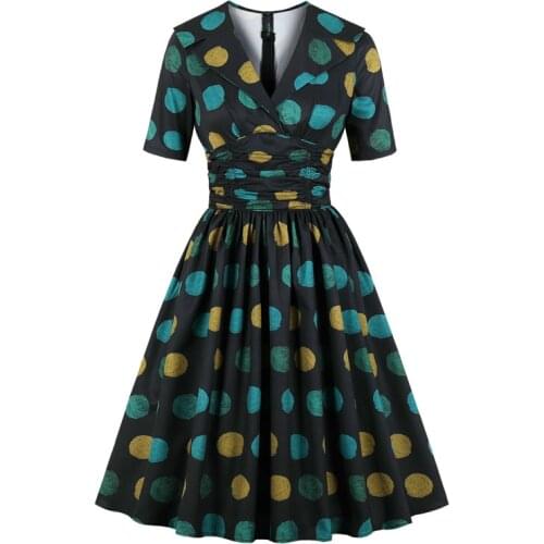 Multicolor Polka Dot High Waist Tunic Pleated Dress Slim Vintage Summer Clothes for Women Half Sleeve Pinup Retro Pleated Dress