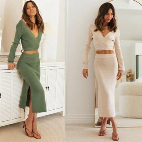 New Arrivals Two Pieces Knitted Winter Sweater Dress Women Elegant Autumn Office Knitwear Dress Maxi Long Casual V Neck Dress