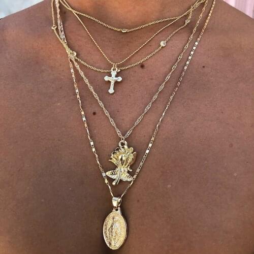 5 Pcs/Set Bohemian Necklaces Golden Lotus Virgin Mary Cross Crystal Beads Multilayer Gold Necklace Women Charm Jewelry
