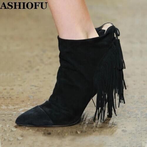ASHIOFU New Hot Handmade Womens Stiletto Heels Boots Fringed&Tassels Pointed-toe Ankle Booties Large Size Evening Fashion Shoes