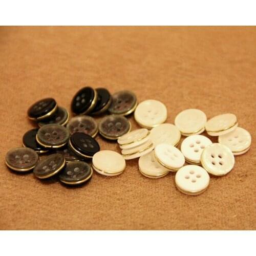 Free shipping 50pcs/lot Pearl four eyes black and white bag gold metal ring knit shirt button 11mm