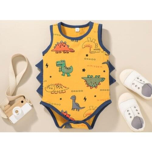 Newborn Baby Boys Cartoon Print Dinosaur Bodysuits Sleeveless Cute Cotton Bodysuit One Piece Infant Summer Jumpsuits 0-12M