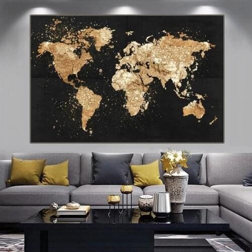 Black Gold World Map Picture Canvas Painting Modern Classic Style Wall Art Abstract Mural Decor for Living Room Cuadros Unframed
