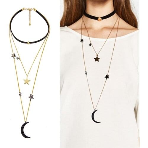 Black Velvet Choker Necklaces for Women Three Layers Metal Stars Moon Pendant Necklace Fashion Jewlery