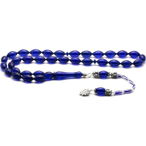 Rosary with 925 Sterling Silver Tassel and Barley Cut Blue Amber Stone Natural Stone Beads Prayer Islamic Muslim Tasbih
