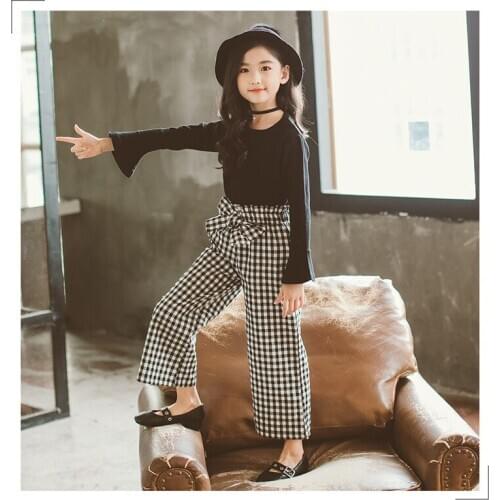 Kids Girl Autimn Ruffle black long sleeve and Plaid wide-leg pants outfit Big Kids Children Fashion New set ST19093