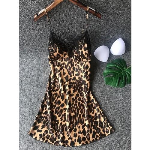 Women Fashion New V-neck Nightdress Sexy Nightgowns Sleepwear Leopard Print Lace Trim Sleepwear Cami Dress