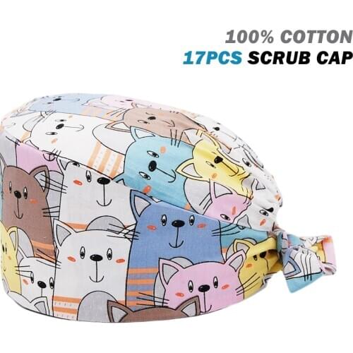 Wholesale Scrubs Caps Adjustable 100% Cotton Cat Printing Nursing Hat Beauty Salon Pet Shop Work Accessories Scrub Cap Women