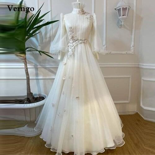 Verngo New A Line Drapped Organza Wedding Dresses Long Puff Sleeves High Neck 3D Flowers Bridal Gowns Korea Formal Dress