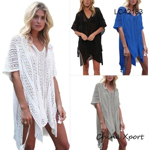 Pure color beach dress V neck loose side split half sleeve sun protection pullover sexy women holidays swimming clothing veil