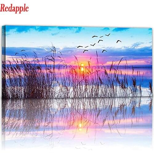 Full square drill,5d diy Diamond Painting sunset Reed natural cross stitch diamond embroidery beach bird view art homemade gift
