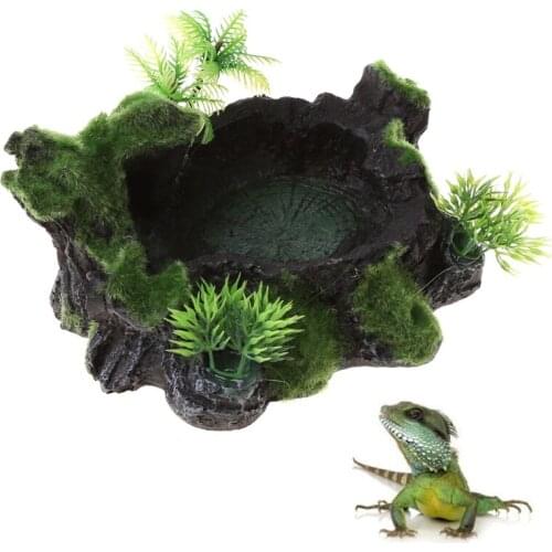 Reptile Decor Resin Reptile Platform Artificial Tree Trunk Design Reptile Water Dish Bowl for Lizard, Gecko, Water Frog