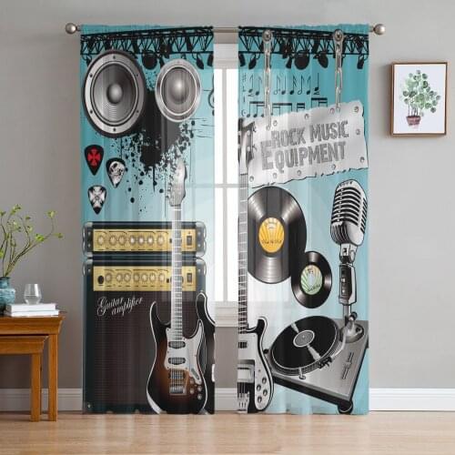 Rock Music Speaker Guitar Tulle Sheer Window Curtains for Living Room Kitchen Children Bedroom Voile Hanging Curtain